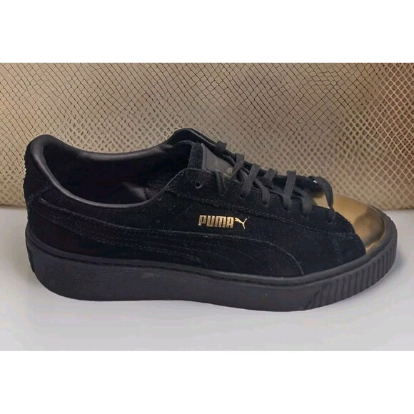 Puma Black Suede Gold Toe Platform Sneakers Sz 7.5 - Picture 1 of 15